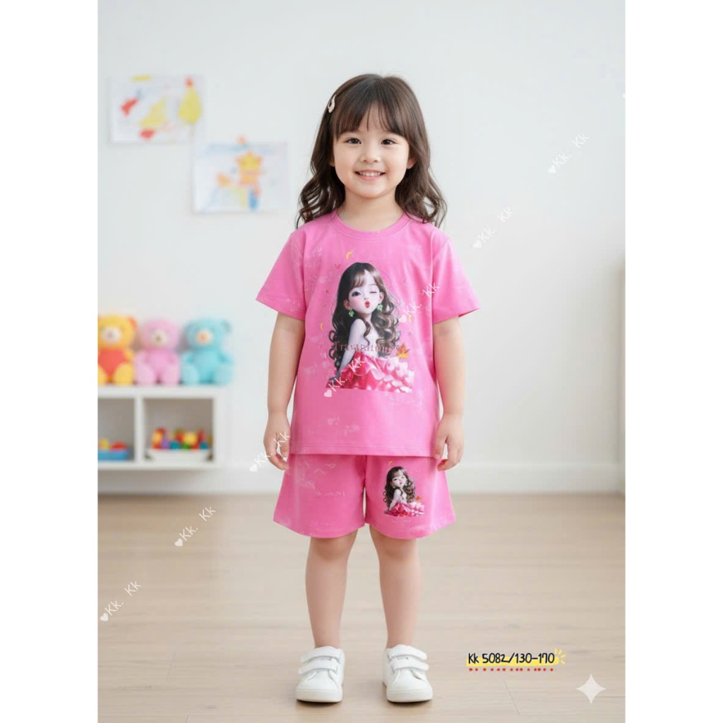 Bộ Cộc Tay Loang In Hình Cô Gái Dành Cho Bé Gái 9-42kg Chất Liệu Thoáng Mát