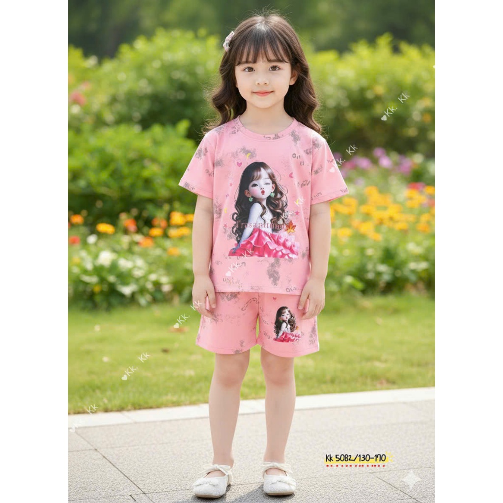 Bộ Cộc Tay Loang In Hình Cô Gái Dành Cho Bé Gái 9-42kg Chất Liệu Thoáng Mát