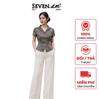 Áo ký giả luạ họa tiết nét trừu tượng phẩy vàng xanh thời trang nữ Seven.AM H114000I