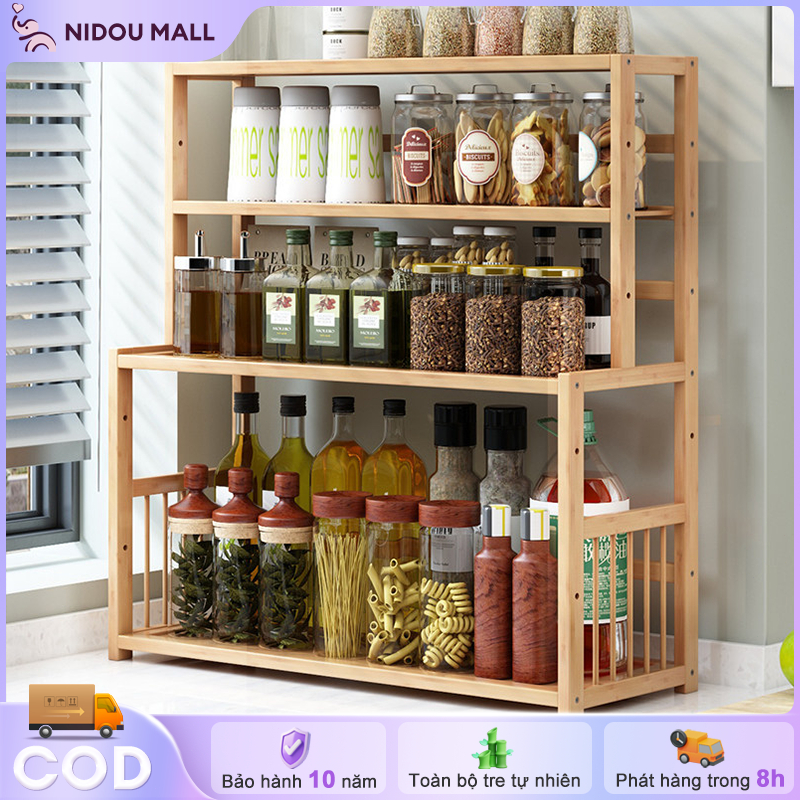 Kệ Tre Để Đồ Nhà Bếp Màu Gỗ Sáng Tự Nhiên 3 Tầng Tạo Góc Bếp Ấm Cúng Và Tiện Nghi