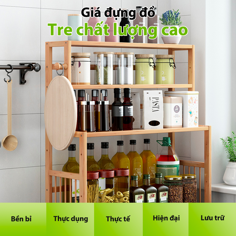 Kệ Tre Để Đồ Nhà Bếp Màu Gỗ Sáng Tự Nhiên 3 Tầng Tạo Góc Bếp Ấm Cúng Và Tiện Nghi
