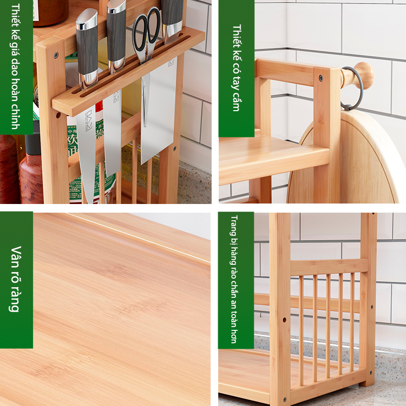 Kệ Tre Để Đồ Nhà Bếp Màu Gỗ Sáng Tự Nhiên 3 Tầng Tạo Góc Bếp Ấm Cúng Và Tiện Nghi