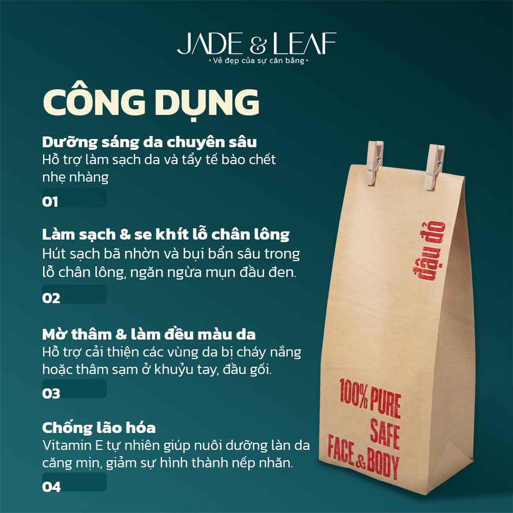 Bột Đậu Đỏ Nguyên Chất Jade&Leaf, Bột Hữu Cơ Hỗ Trợ Trắng Da, Dưỡng Ẩm, Tẩy Tế Bào Chết, Lành Tính