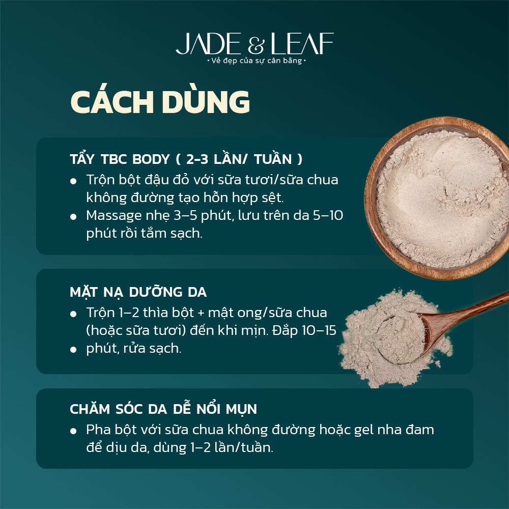 Bột Đậu Đỏ Nguyên Chất Jade&Leaf, Bột Hữu Cơ Hỗ Trợ Trắng Da, Dưỡng Ẩm, Tẩy Tế Bào Chết, Lành Tính