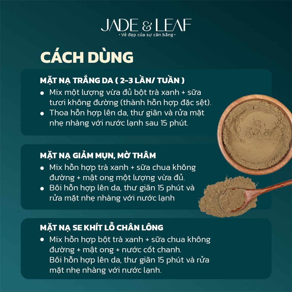 Bột Trà Xanh Nguyên Chất Jade&Leaf, Đắp Mặt Nạ 100% Hữu Cơ, Dưỡng Ẩm Trắng Da Mờ Thâm Sạm Loại 1