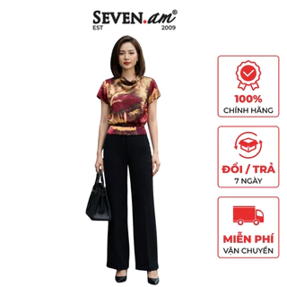 Áo kiểu lụa latin họa tiết vân đá trừu tượng hồng nâu vàng phần cổ cách điệu tinh tế thời trang nữ Seven.AM H103251I