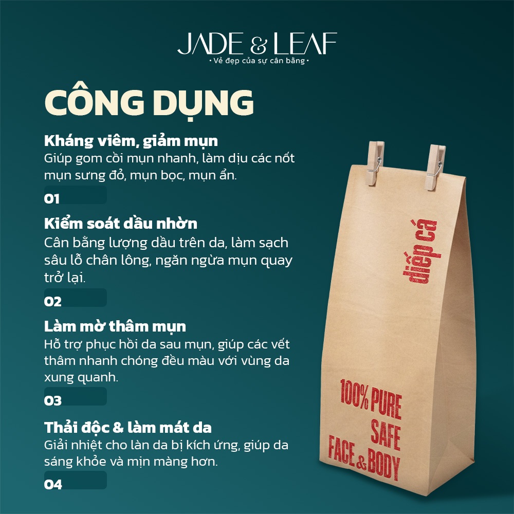 Mặt Nạ Rau Diếp Cá Jade&Leaf Nguyên Chất, Bột Đắp Mặt Handmade Giảm Mụn, Trắng Da, Mờ Thâm