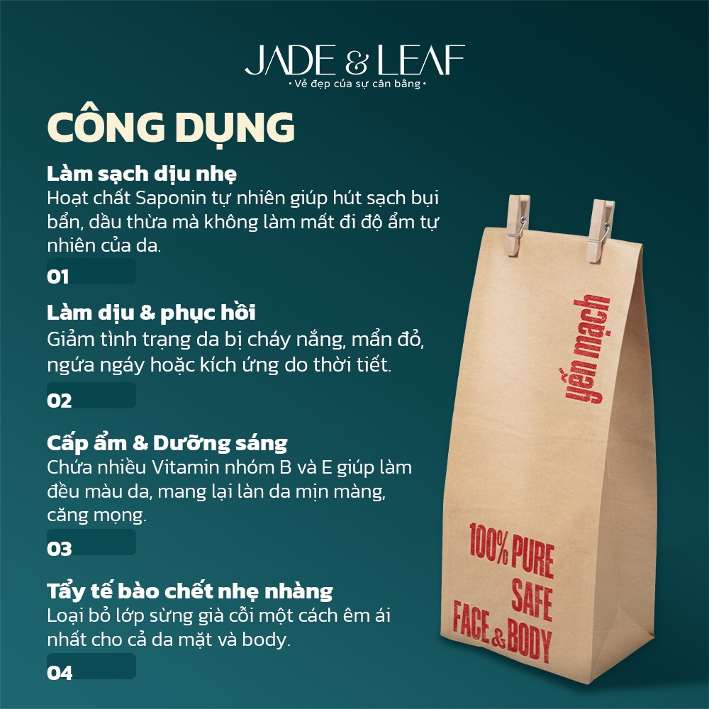 Bột Yến Mạch Jade&Leaf Làm Đẹp Đắp Mặt Tắm Trắng Nguyên Chất Tẩy Tế Bào Chết, Dưỡng Sáng Da