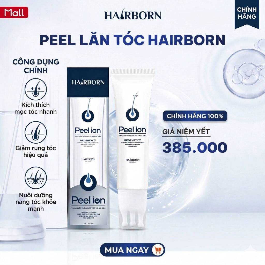 Lăn mọc tóc Hairborn 60ml - Công nghệ đầu lăn ion nano 2 chiều, giảm gãy rụng và mượt tóc