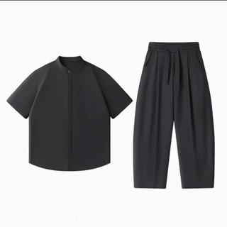 Bộ Sơ Mi Cộc Tay Nam Nữ Áo Cổ Tàu Quần Dài Suông Kiểu Dáng Thời Trang Mát Mẻ