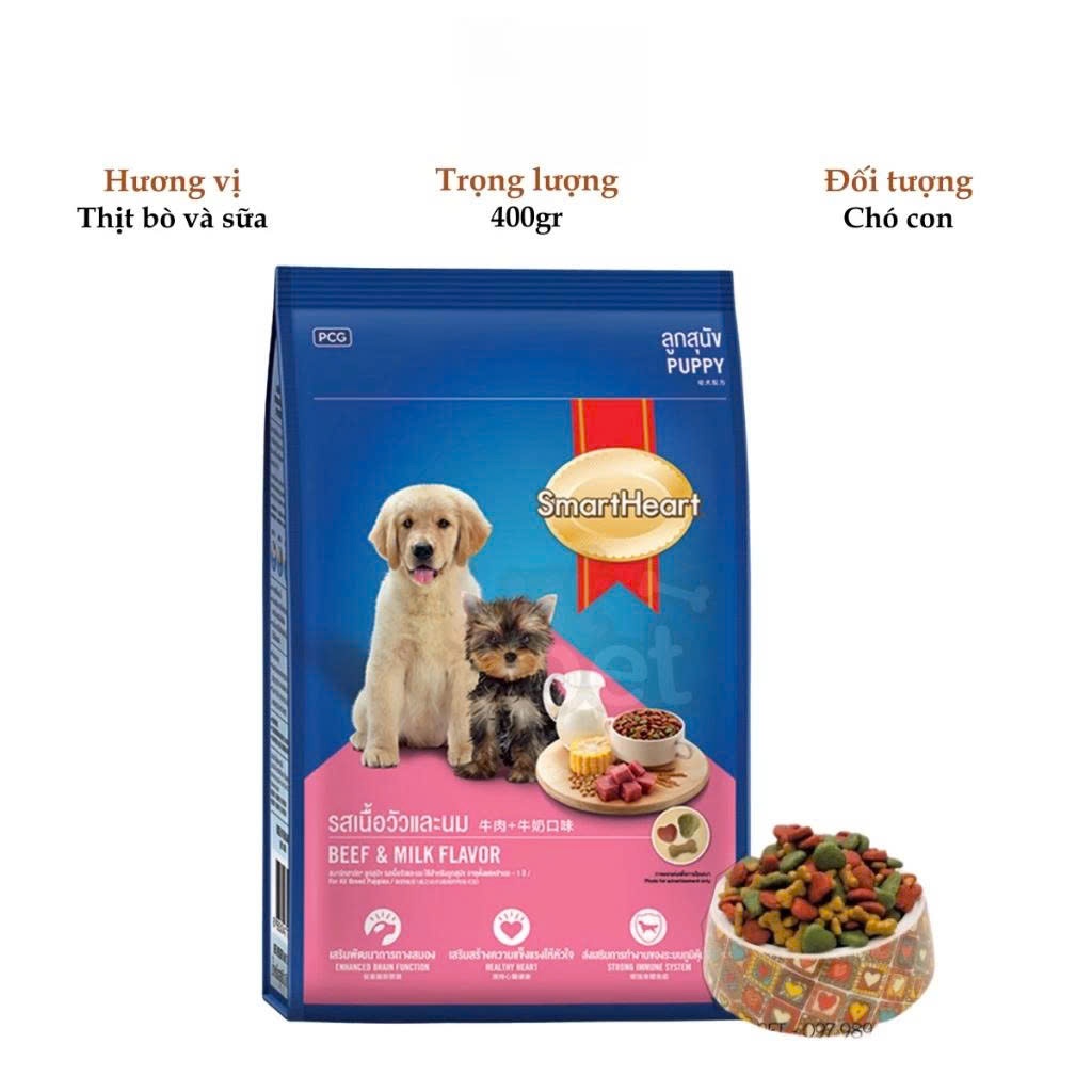 Thức Ăn Hạt Cho Chó Smartheart 400G Phù Hợp Mọi Lứa Tuổi - Hạt Cho Chó Vị Bò, Vị Sữa