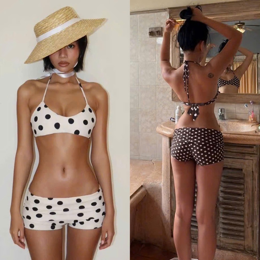 (sẵn)Set bộ bikini đi biển chấm bi trắng nâu 2 mảnh dáng short ngắn BKN001 - Tiktik