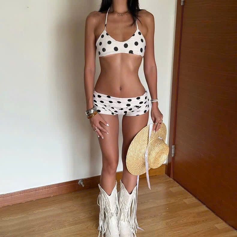 (sẵn)Set bộ bikini đi biển chấm bi trắng nâu 2 mảnh dáng short ngắn BKN001 - Tiktik