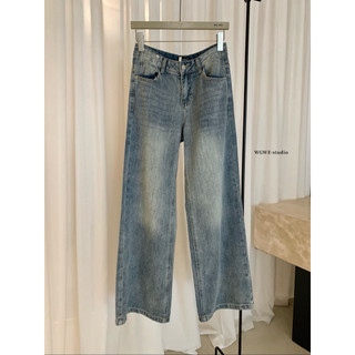 𝐏𝐡𝐢𝐞𝐧 𝐖𝐆𝐖𝐄 | w8295 Quần Jean Trơn Ống Suông Rộng Chỉ Trắng