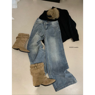 𝐏𝐡𝐢𝐞𝐧 𝐖𝐆𝐖𝐄 | w8295 Quần Jean Trơn Ống Suông Rộng Chỉ Trắng