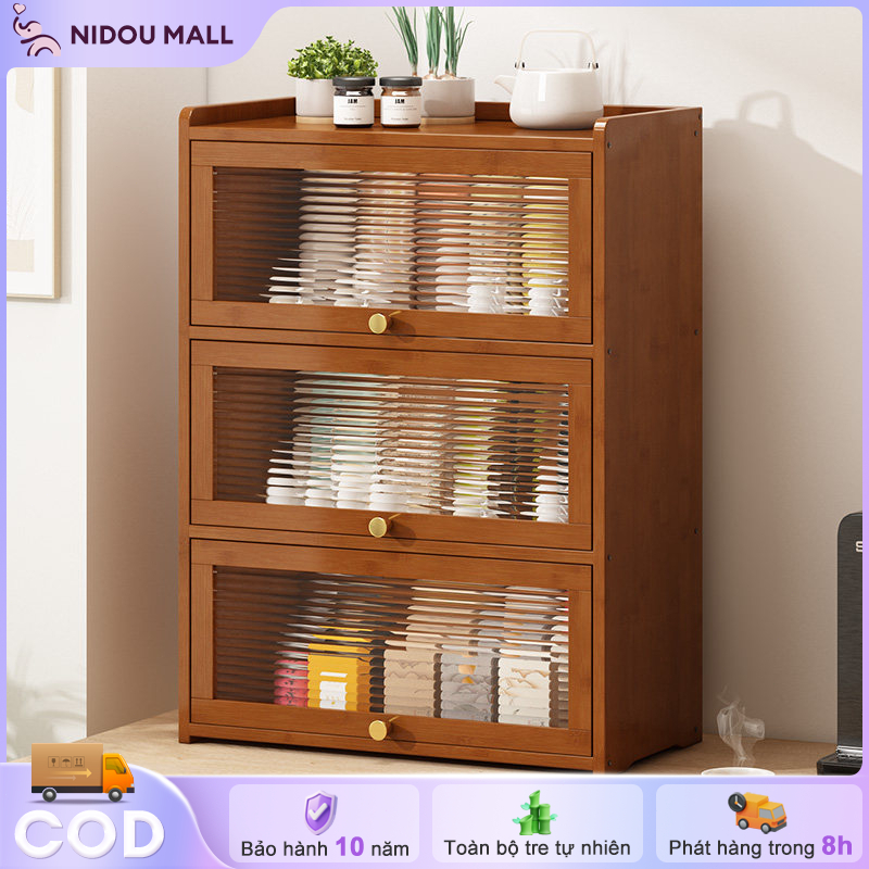 Kệ Bếp Bằng Tre 3 Tầng Có Cửa Kính Để Đồ Bếp Và Trang Trí Giúp Gian Bếp Luôn Gọn Gàng Ngăn Nắp