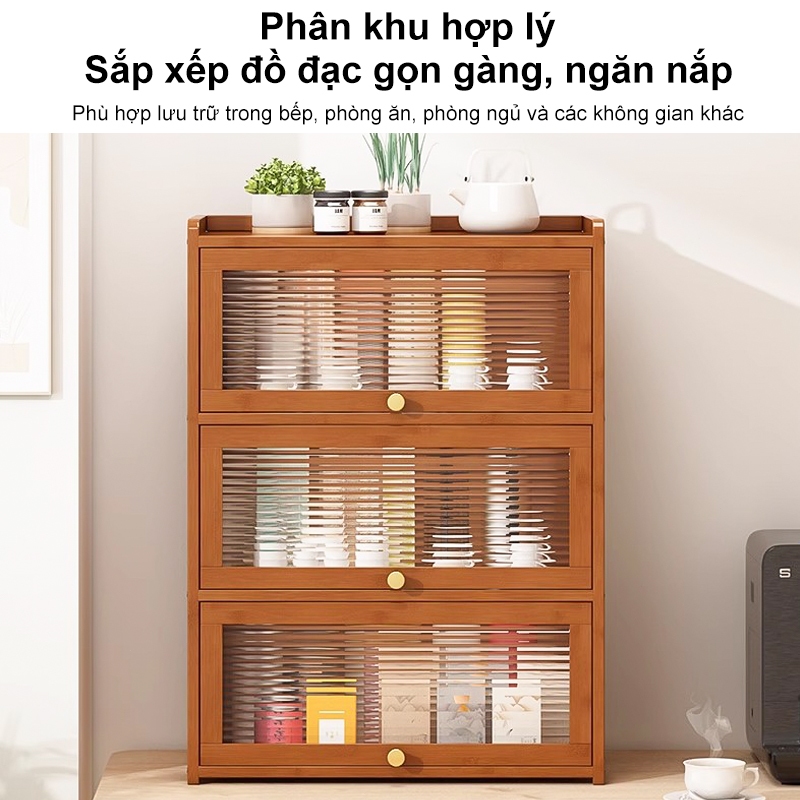 Kệ Bếp Bằng Tre 3 Tầng Có Cửa Kính Để Đồ Bếp Và Trang Trí Giúp Gian Bếp Luôn Gọn Gàng Ngăn Nắp