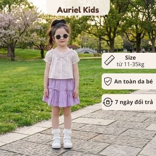 Sét Bộ Bé Gái, Set Bộ Thiết Kế Áo Tay Phồng Kèm Chân Váy Bí Họa Tiết Nơ Xinh Xắn Chất Liệu Cotton