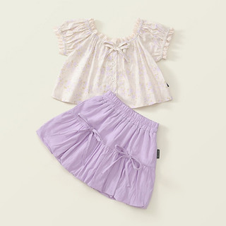 Sét Bộ Bé Gái, Set Bộ Thiết Kế Áo Tay Phồng Kèm Chân Váy Bí Họa Tiết Nơ Xinh Xắn Chất Liệu Cotton