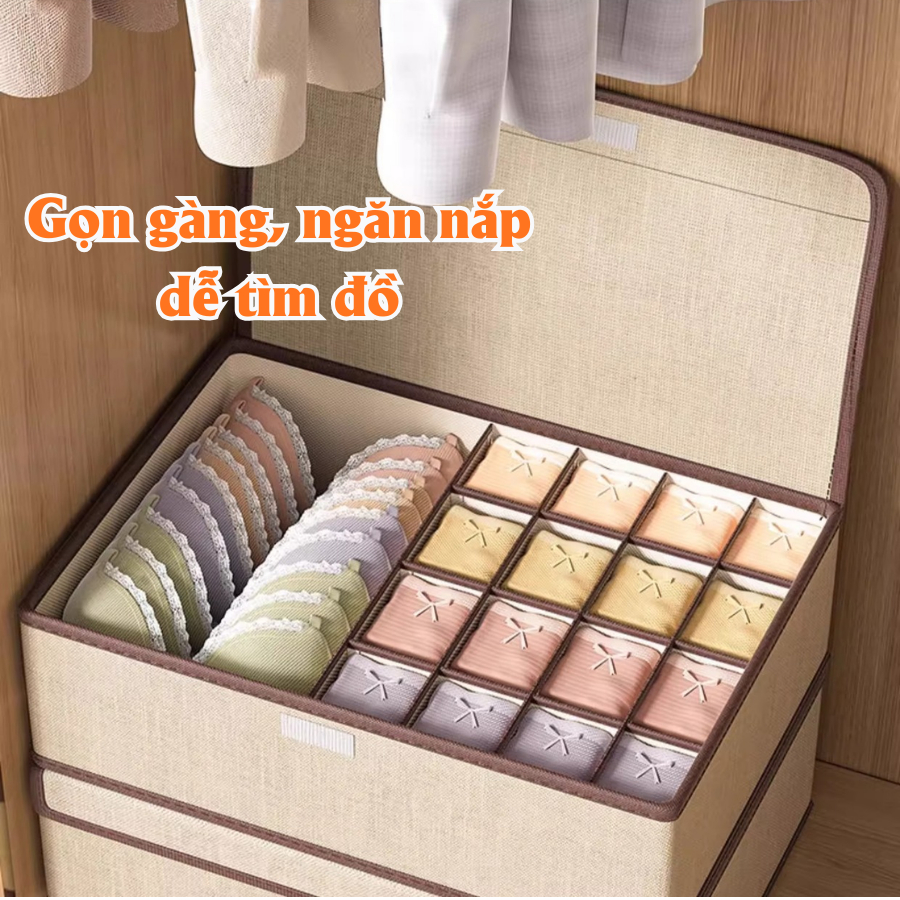 Hộp Vải Đựng Đồ Lót Có Nắp Đậy Gập Gọn - Vải Không Dệt Dày Dặn Kết Hợp Khung Nhựa PP Cứng Cáp, Giữ Tủ Quần Áo Gọn Gàng