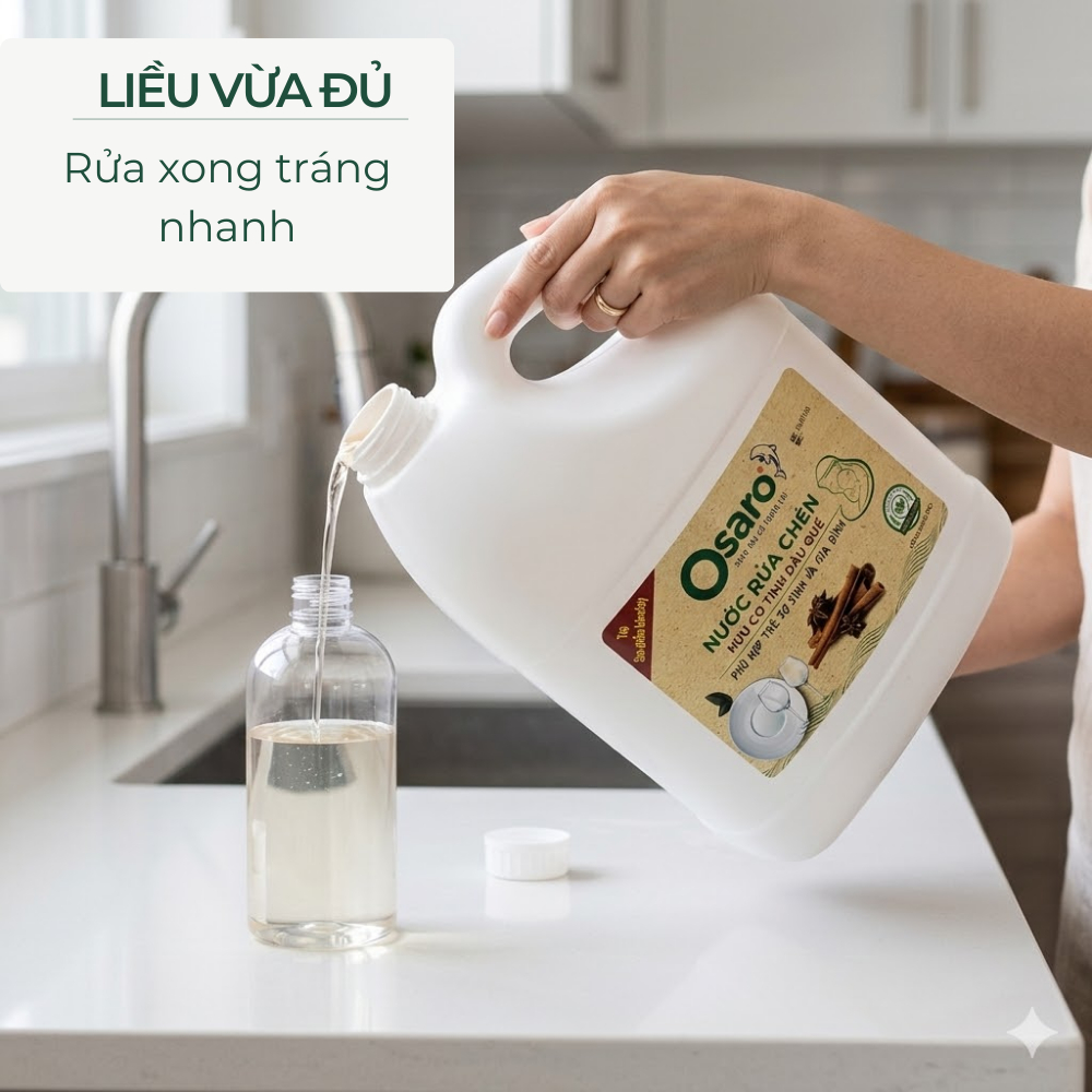 Nước Rửa Chén OSARO 4KG – Dễ Tráng Không Nhớt, Dịu Tay, Hương Tinh Dầu Quế & Sả Chanh
