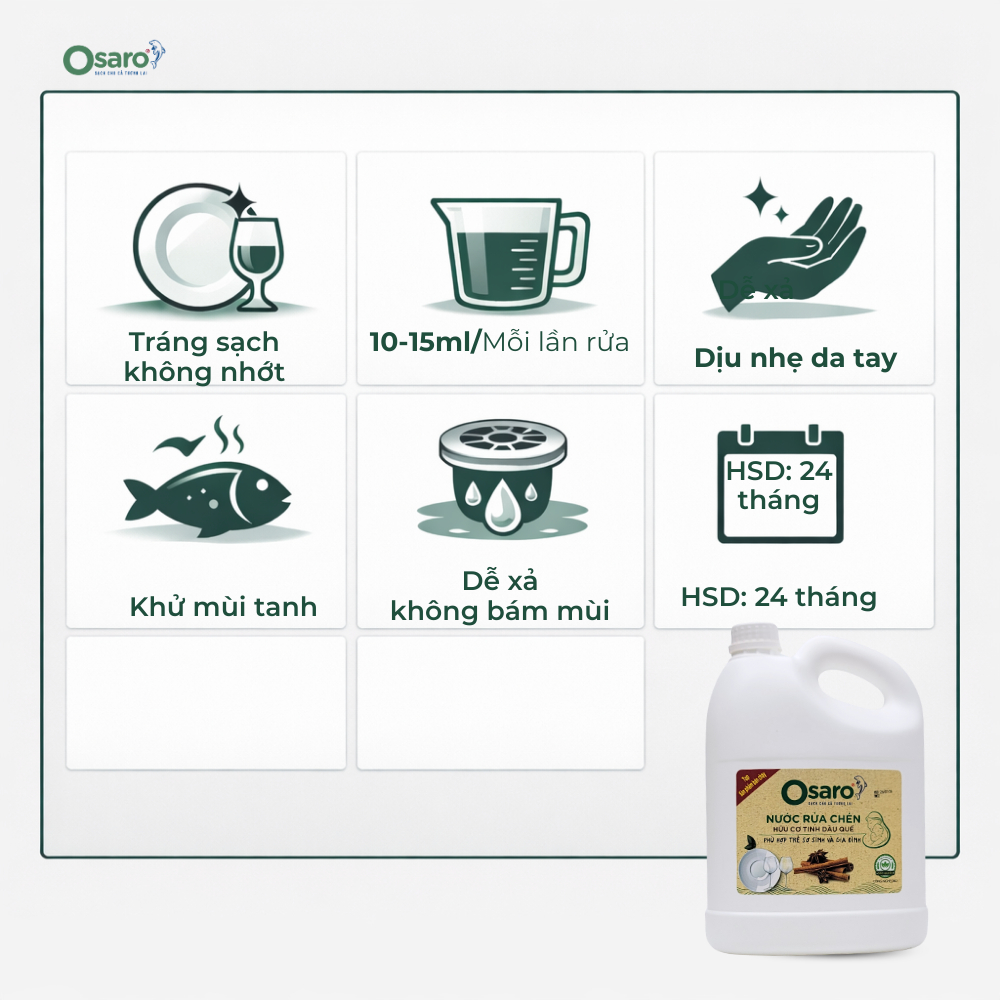 Nước Rửa Chén OSARO 4KG – Dễ Tráng Không Nhớt, Dịu Tay, Hương Tinh Dầu Quế & Sả Chanh