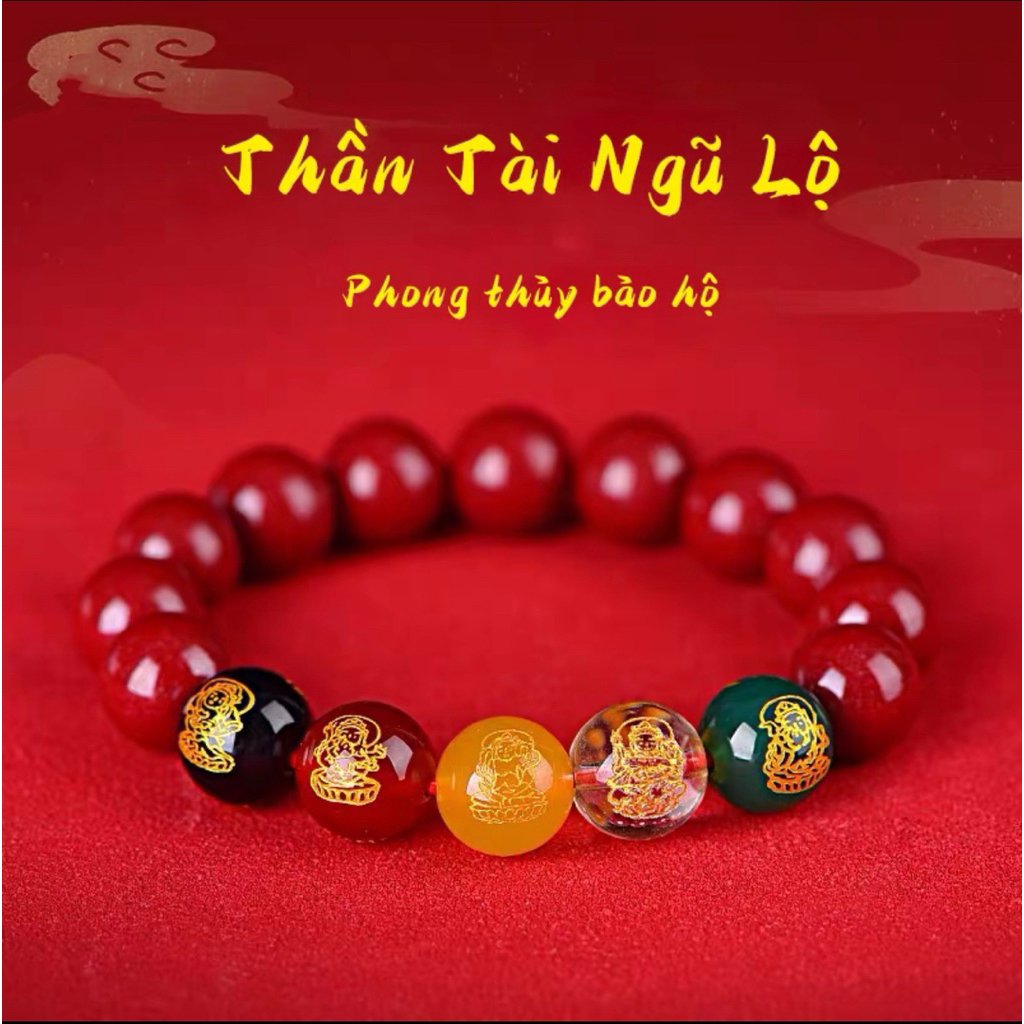 (Tặng lá vàng) Vòng Tay Chu Sa Ngũ Lộ Thần Tài