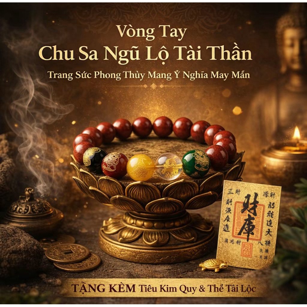 (Tặng lá vàng) Vòng Tay Chu Sa Ngũ Lộ Thần Tài
