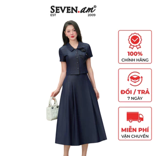 Set áo kiểu đính hoa phối chân váy xoè denim lụa thời trang nữ Seven.AM M113156I M730319I