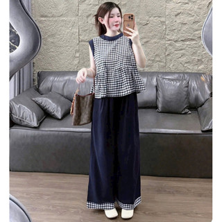 Set Áo Babydoll sát nách Kẻ Caro mix Quần Ống SUông hottrend mùa hè-Dành Cho n