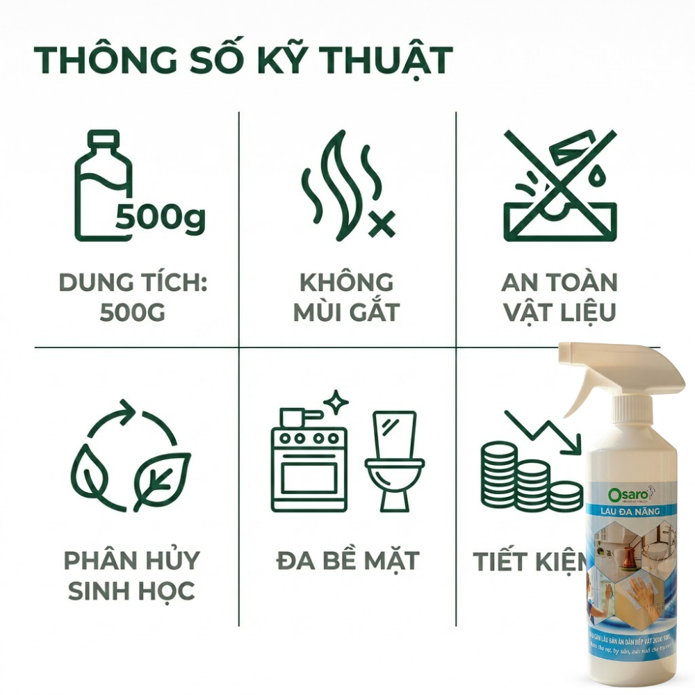 OSARO Lau Đa Năng 500g – Lau Sạch Bàn Bếp, Kệ, Tủ, Ít Nhờn, Hương Dễ Chịu