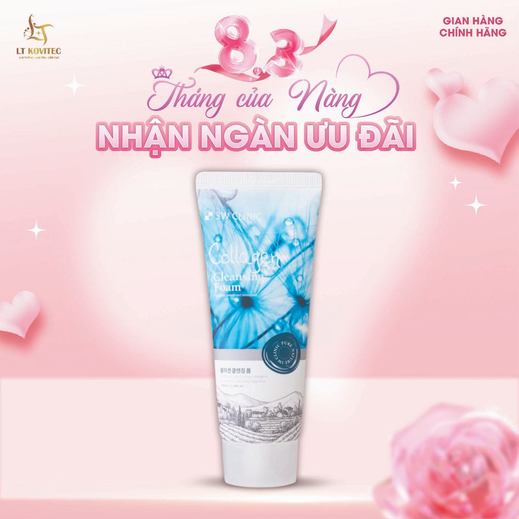 Sữa rửa mặt 3W Clinic tinh chất collagen giúp da căng mịn và làm sáng da 100ml Hàn Quốc