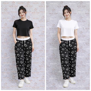 Sét Bộ Nữ Basic Đáng Yêu Áo Babytee Trơn Mix Quần Dài Mèo