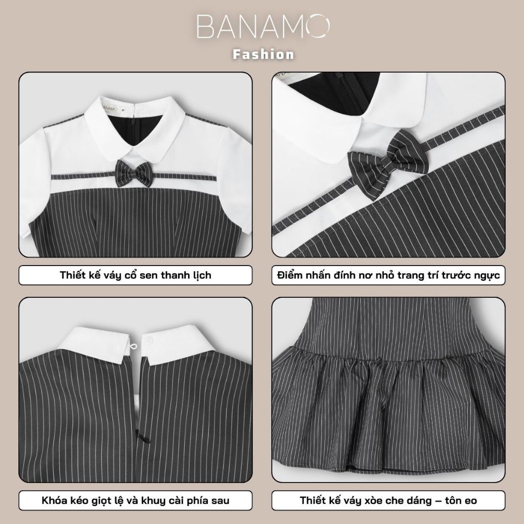 Đầm nữ BIGSIZE Banamo Fashion váy thiết kế cổ sen trắng đính nơ cộc tay phối kẻ sọc dọc dáng xoè tiểu thư 592
