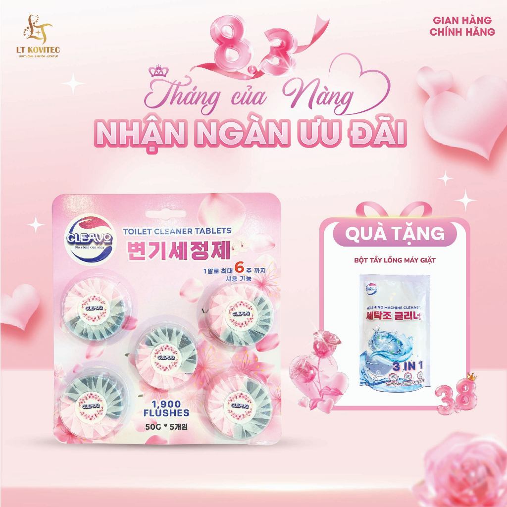 Viên thả bồn cầu CLEAVO khử mùi tẩy sạch bồn cầu thế hệ mới, diệt vi khuẩn toilet, tẩy sạch mảng bám 50gX5 viên