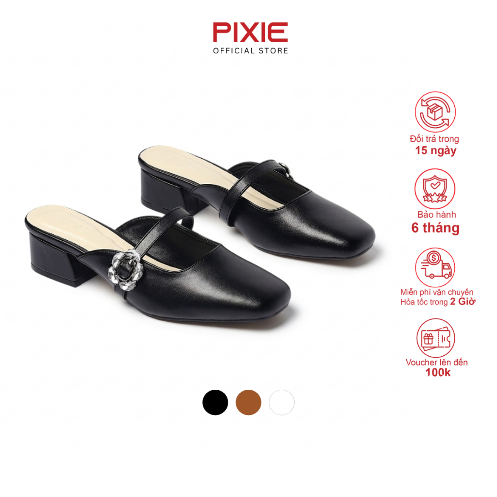 Dép Sục Nữ Cao Gót 3cm Mũi Vuông Quai Ngang Gắn Khóa Hoa Đá Thời Trang Pixie H440