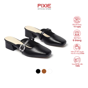 Dép Sục Nữ Cao Gót 3cm Mũi Vuông Quai Ngang Gắn Khóa Hoa Đá Thời Trang Pixie H440
