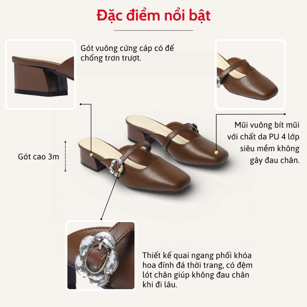 Dép Sục Nữ Cao Gót 3cm Mũi Vuông Quai Ngang Gắn Khóa Hoa Đá Thời Trang Pixie H440
