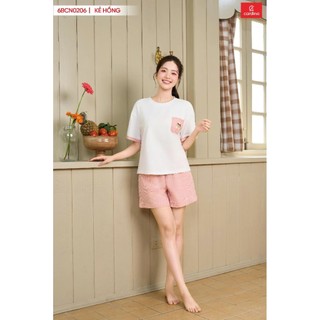 6BCN02 Đồ bộ nữ CARDINA chất cotton cổ tròn có túi ốp và quần đùi kẻ 6BCN02