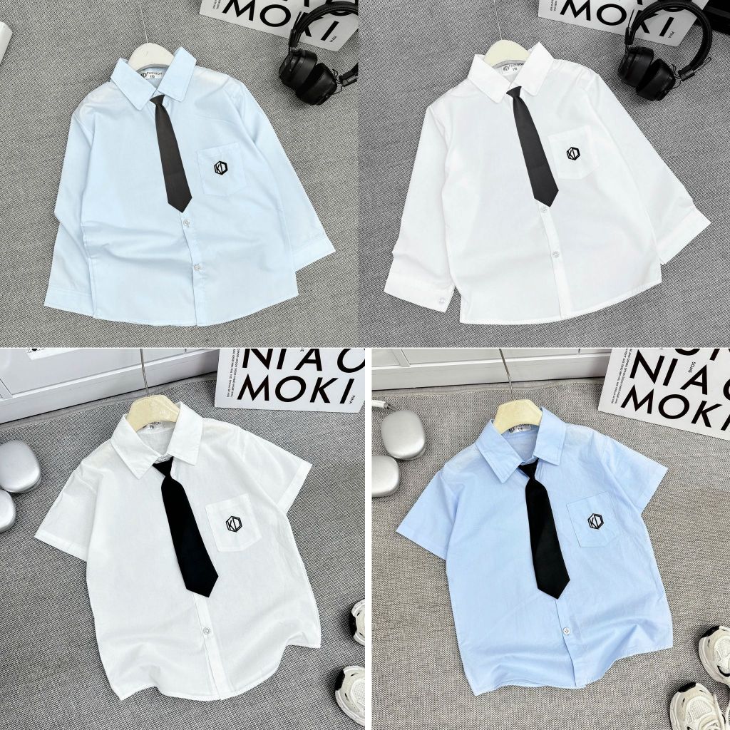 Áo Sơ Mi cho Bé Trai, Chất THÔ hàn TRƠN  mềm mát, phong cách, lịch sự, 2 màu trắng, xanh. SIZE TỪ 17-60kg
