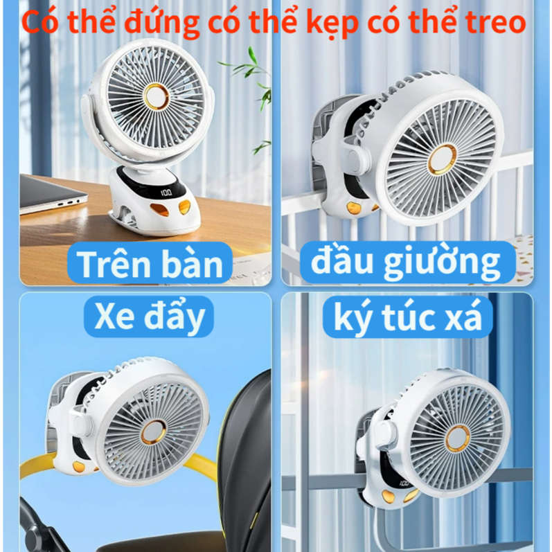 Quạt Kẹp Để Treo 3 Trong 1 | 5 Cấp Tốc Độ | Động Cơ Không Chổi Than | Đèn Ngủ | Sạc Nhanh Type-C | 30000mAh | 12h+ Dùng