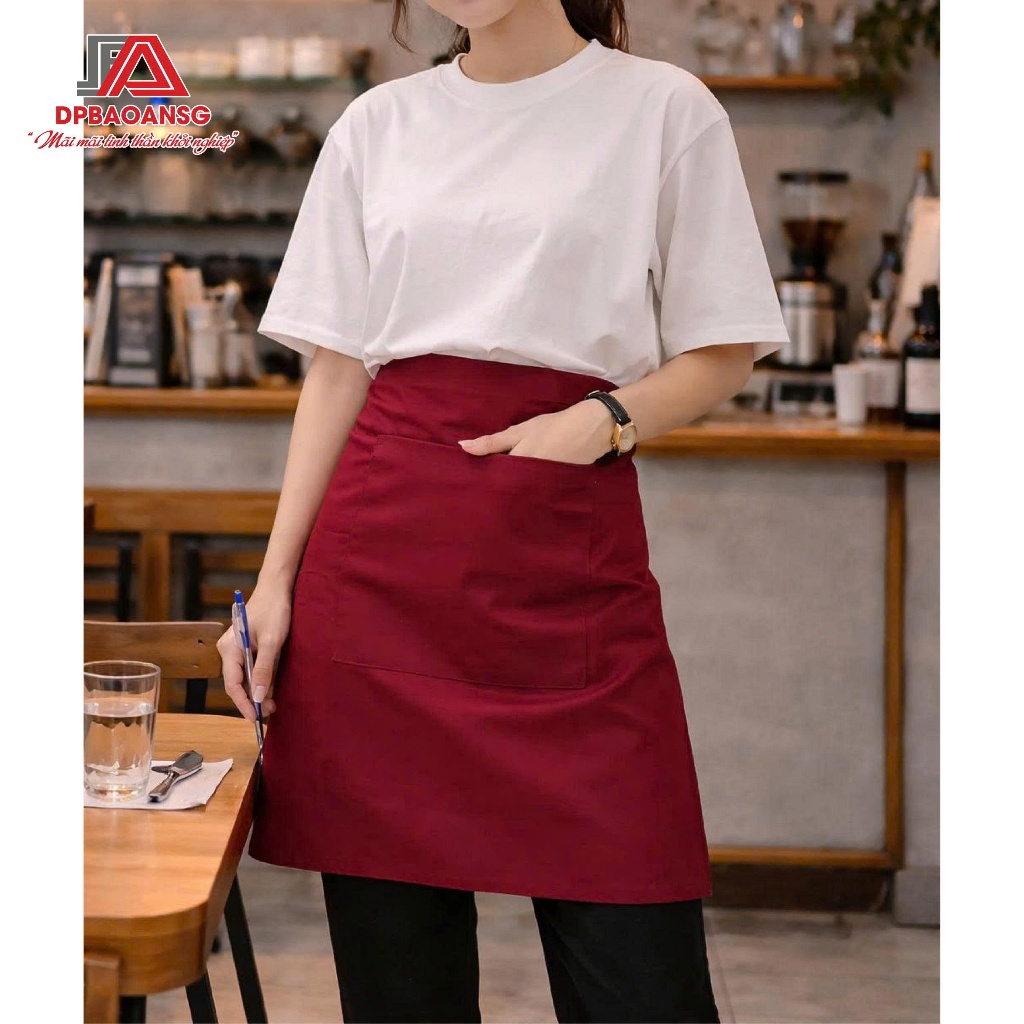 Tạp Dề Ngắn Màu Đỏ Đô Cho Phục Vụ, Pha Chế, Bán Hàng - Vải Kaki Dày Thoáng, Dễ Phối Khi Làm Việc