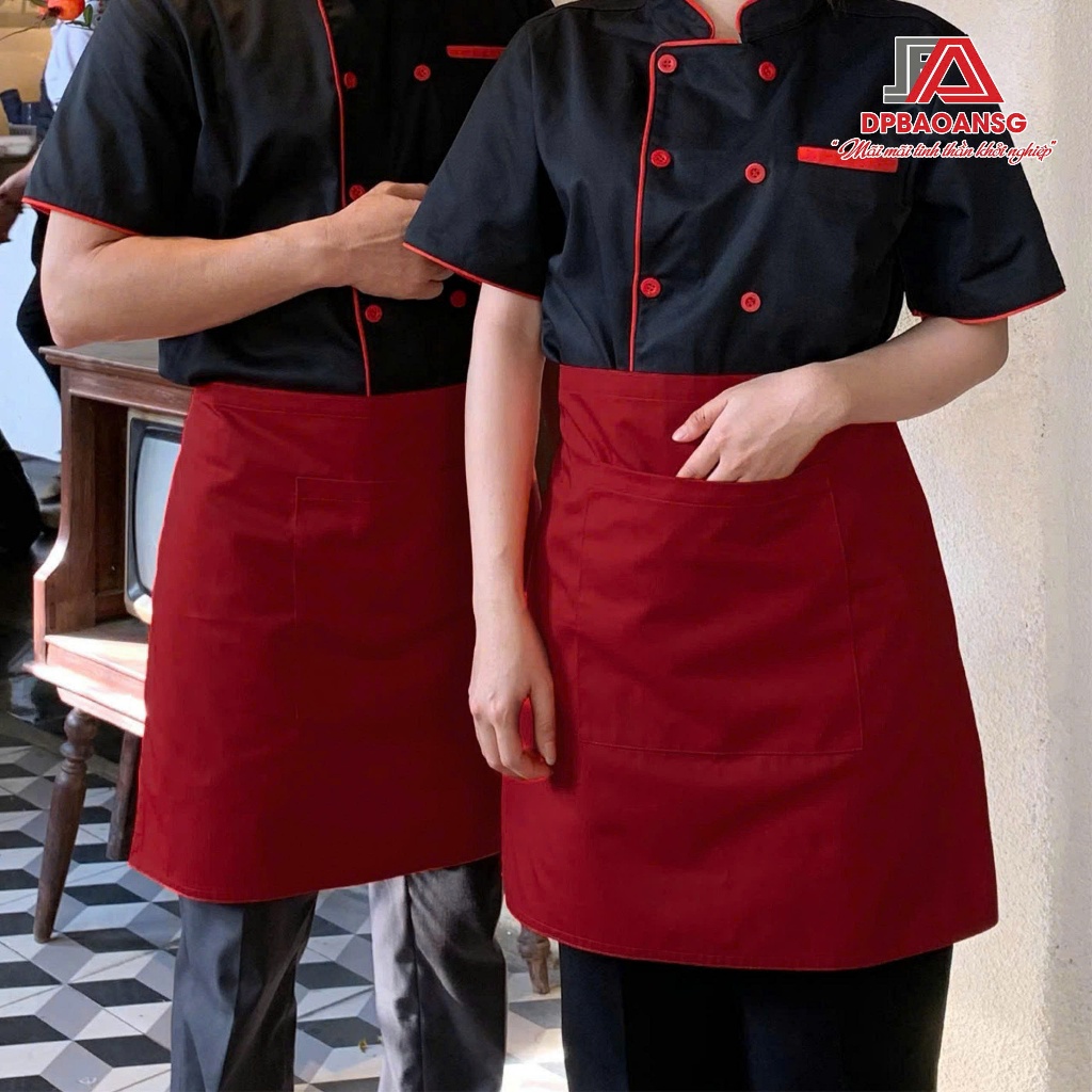 Tạp Dề Ngắn Màu Đỏ Đô Cho Phục Vụ, Pha Chế, Bán Hàng - Vải Kaki Dày Thoáng, Dễ Phối Khi Làm Việc