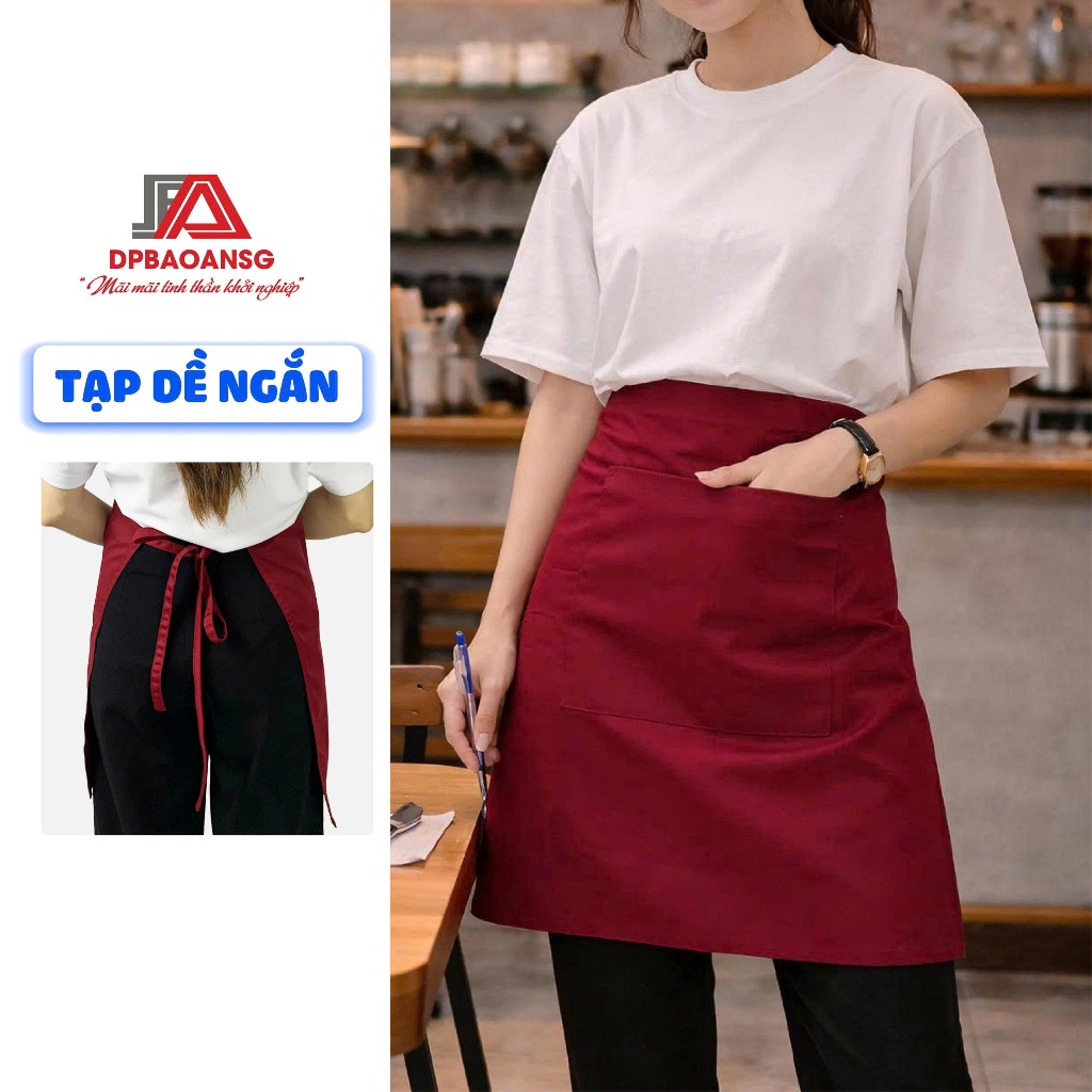 Tạp Dề Ngắn Màu Đỏ Đô Cho Phục Vụ, Pha Chế, Bán Hàng - Vải Kaki Dày Thoáng, Dễ Phối Khi Làm Việc