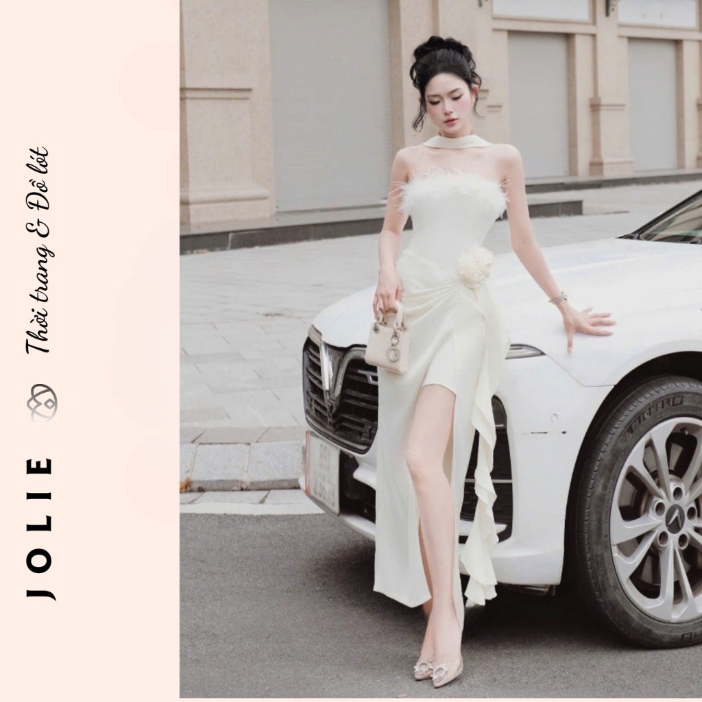 Đầm Quây Dự Tiệc Jolie Ivory – Thiết Kế Đính Lông Vũ & Hoa Nổi Cao Cấp