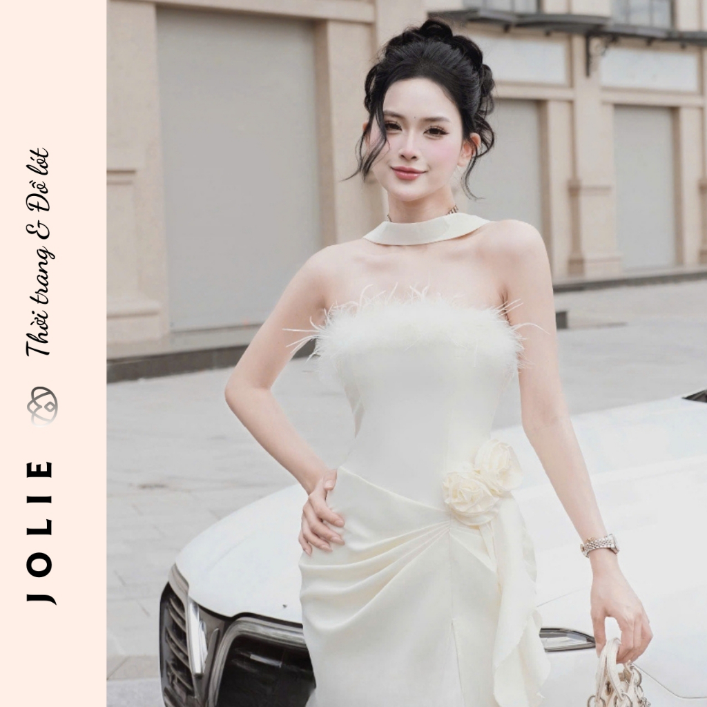 Đầm Quây Dự Tiệc Jolie Ivory – Thiết Kế Đính Lông Vũ & Hoa Nổi Cao Cấp