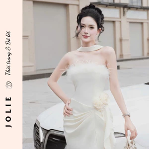 Đầm Quây Dự Tiệc Jolie Ivory – Thiết Kế Đính Lông Vũ & Hoa Nổi Cao Cấp
