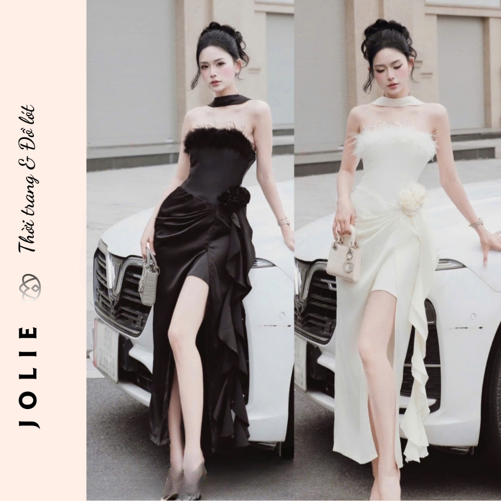 Đầm Quây Dự Tiệc Jolie Ivory – Thiết Kế Đính Lông Vũ & Hoa Nổi Cao Cấp