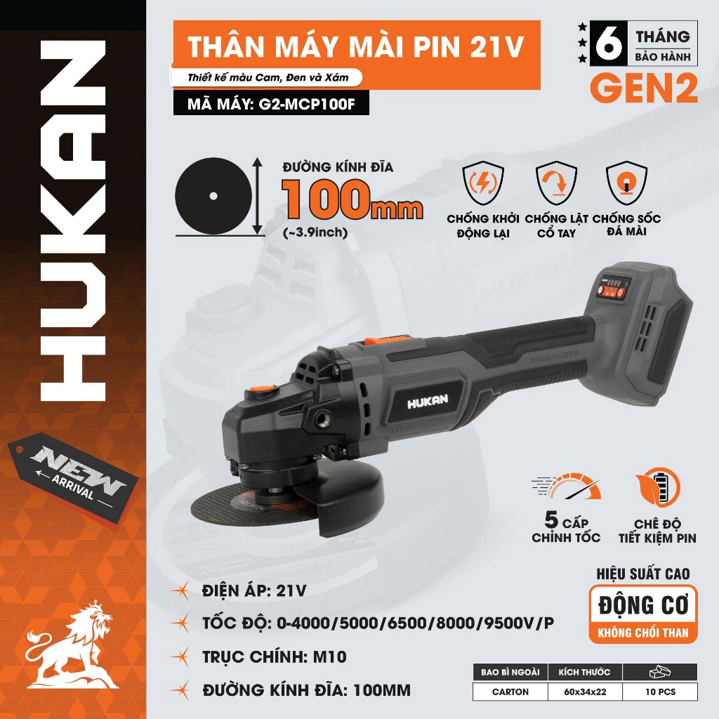 Thân Máy Mài  21V HUKAN (Gen2) G2-MCP100F | Động Cơ Không Chổi Than | 5 Tốc Độ | Đá 100mm | Chống Khởi Động Lại