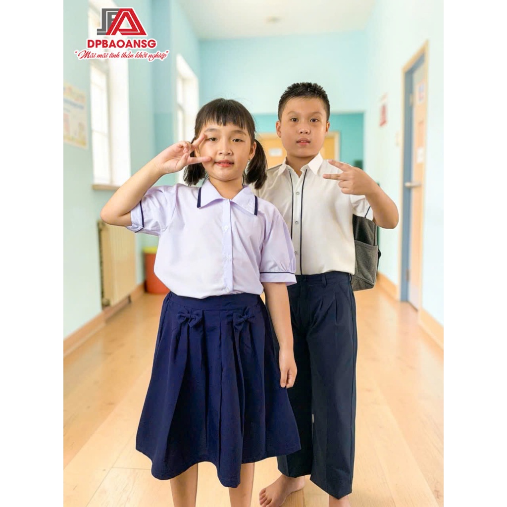Áo Sơ Mi Đồng Phục Học Sinh Tiểu Học Vải Mát Form Đẹp
